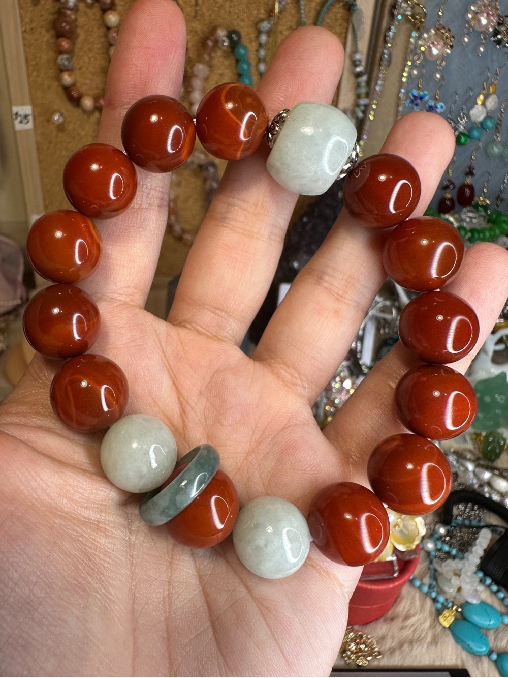 7.25 inch Red Agate Beaded Stretch Bracelet